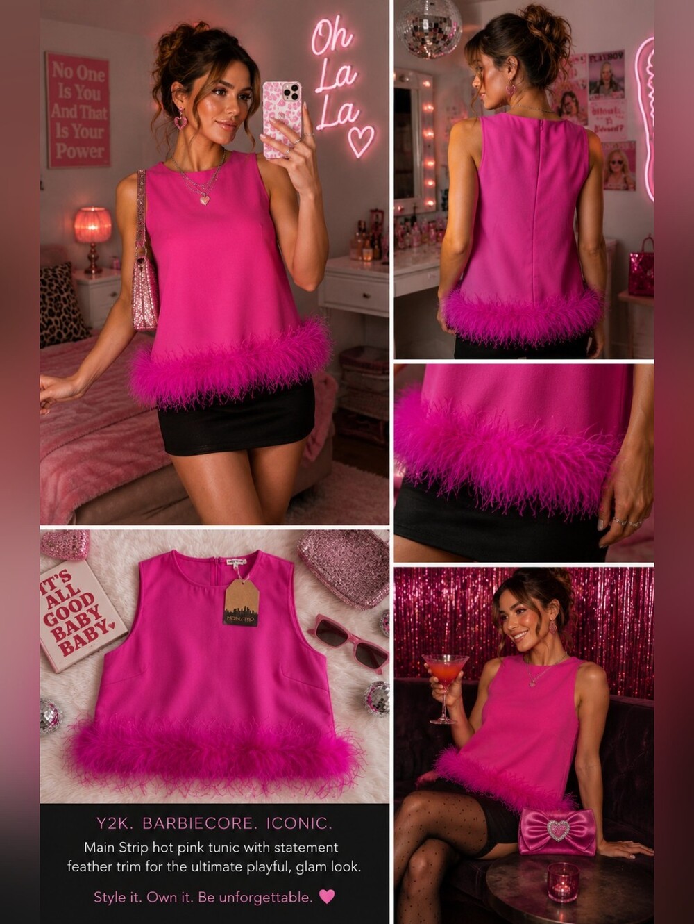 Main Strip Hot Pink Feather Trim Crop Top – NWT – Size L Y2K Barbiecore Party